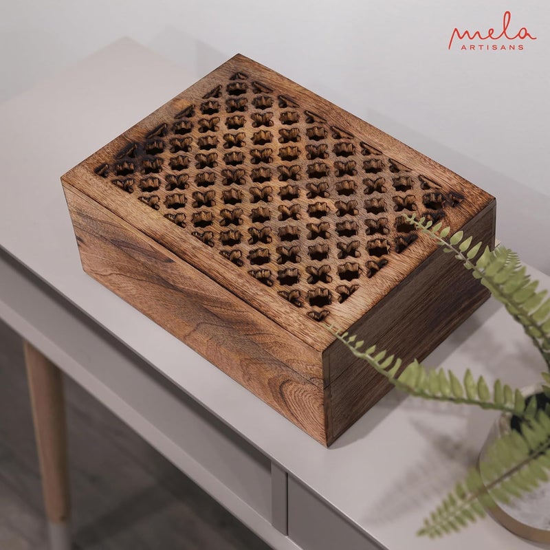 Mela Artisans Wooden Keepsake Box | Medium Burnt Mango Wood Memory & Photo Storage Box with Hinged Lid | Decorative Storage Box | Extra Large | 10.5x7.5x4 Inch - Image 5